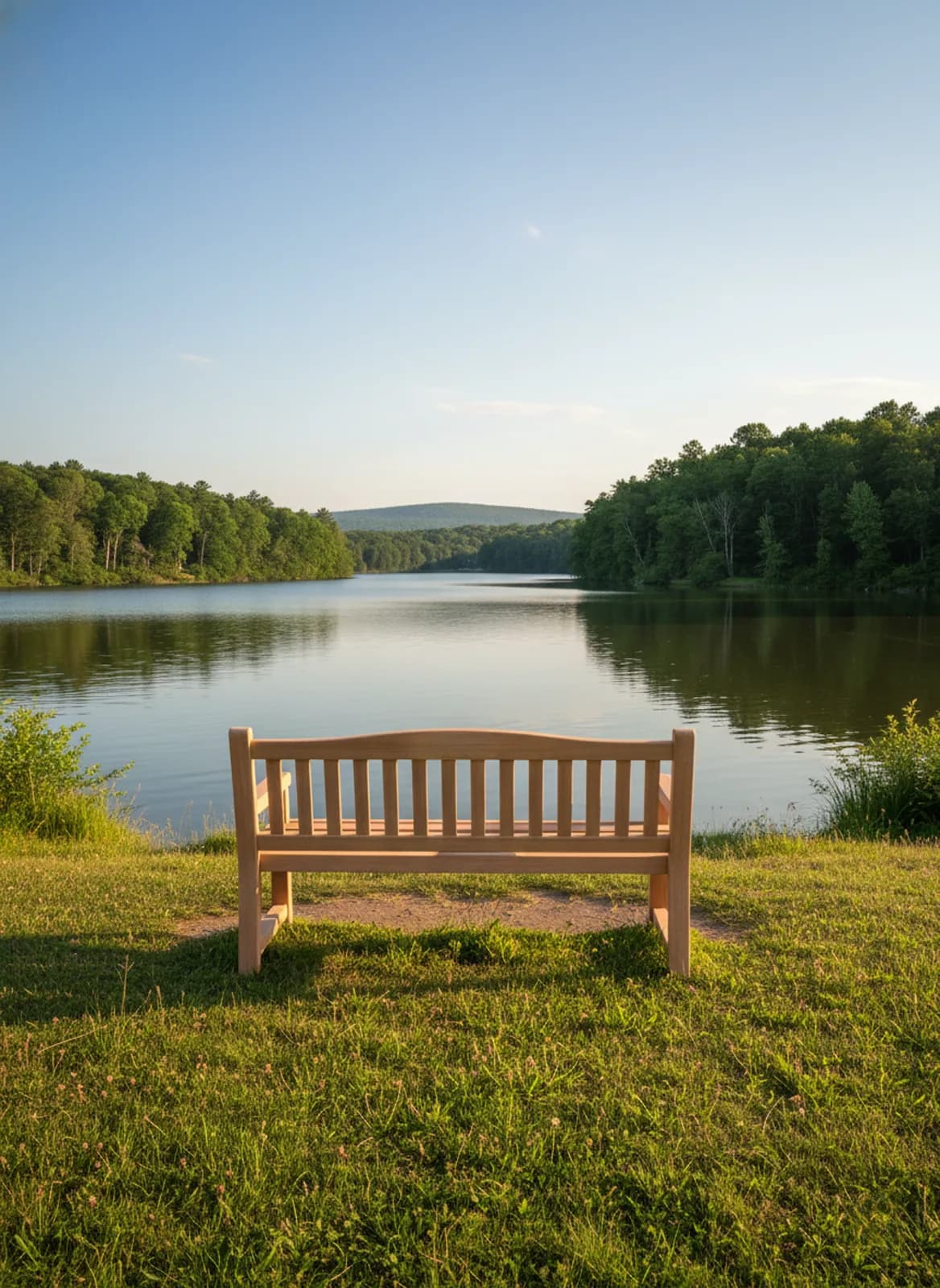 Banc de Mémoire® au bord d'un lac en forêt