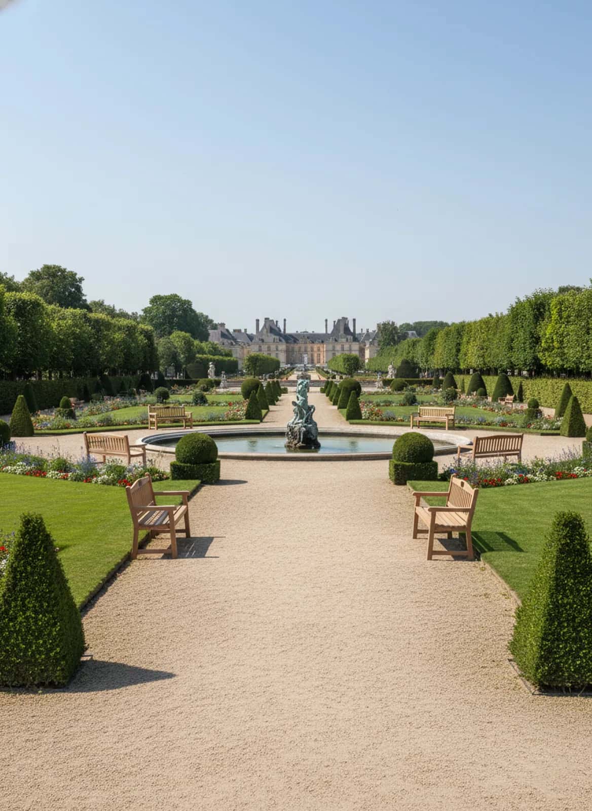 Bancs de Mémoire® bordant une allée de jardins à la française avec fontaine et château en arrière-plan
