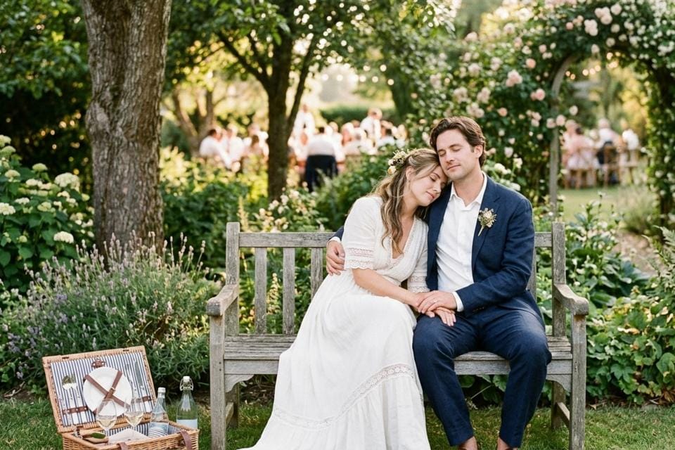 Un couple de mariés dans un jardin
